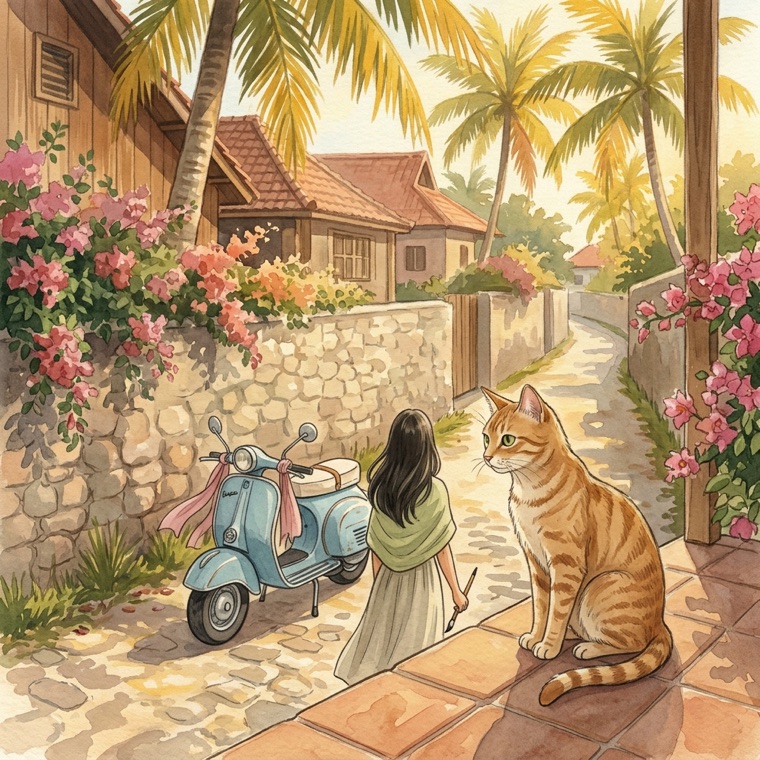 Cocoyellow Village — a watercolor of Anna and Coco the cat on a village lane with a Vespa