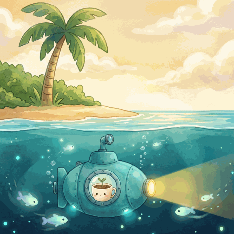 HanChoco World — a palm island above the water and Demi piloting a little submarine below, lantern glowing